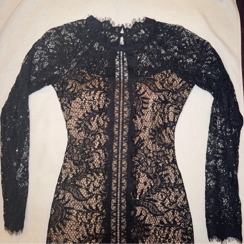 Sequin Hearts Black Lace Nude Lined Sparkly Dress